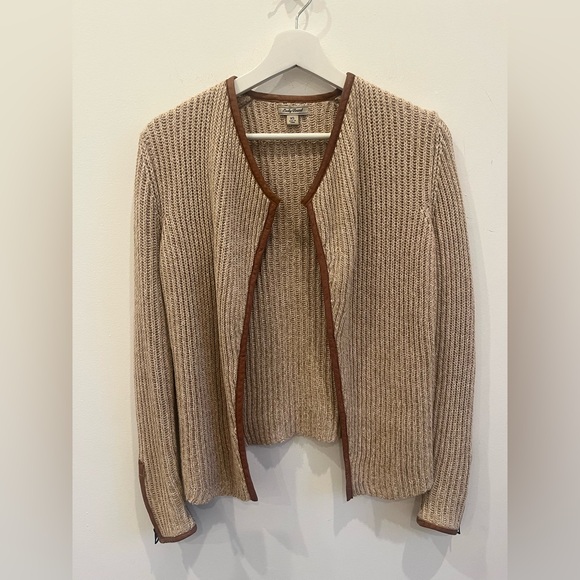 Lucky Brand Sweaters - Lucky Brand XS Brown Faux-Leather Trim Cotton Knit Open Front Cardigan earthy